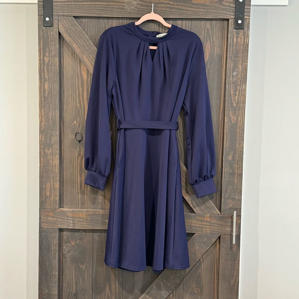 Grace Karin Women's Keyhole‎ Neck Lantern Sleeve Belted Dark Blue Dress Size 2X